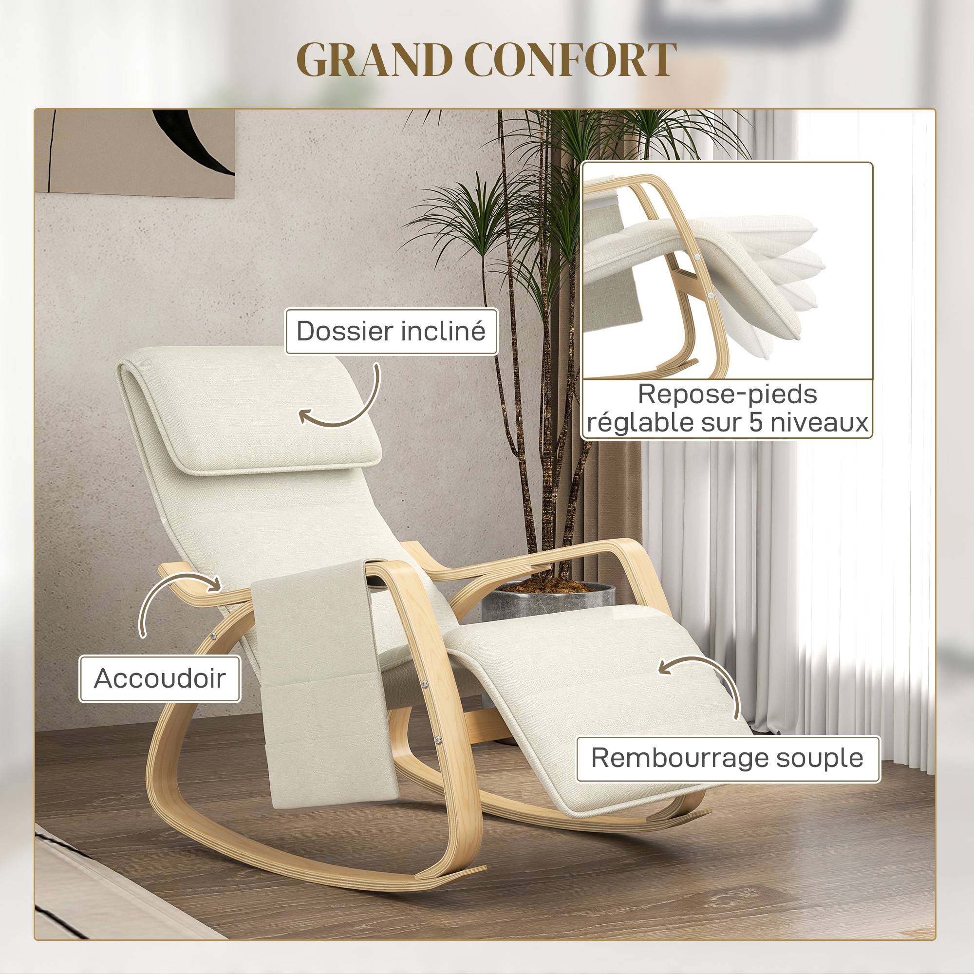 Sans Marque - Fauteuil relax à bascule fauteuil allaitement avec repose-pieds réglable, poche latérale et appui-tête, blanc crème - Image 7