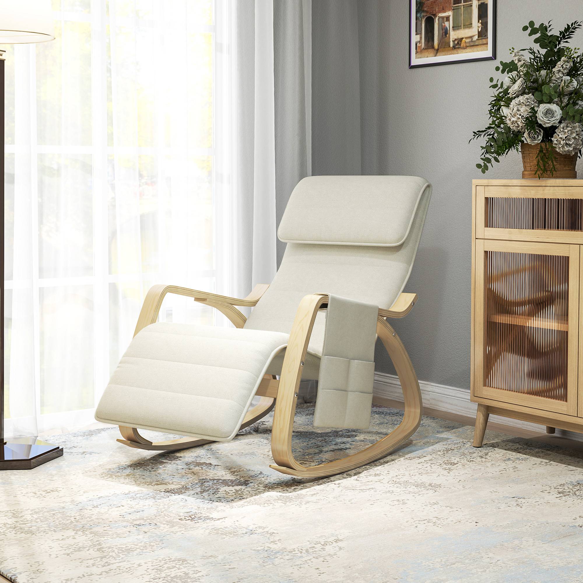 Sans Marque - Fauteuil relax à bascule fauteuil allaitement avec repose-pieds réglable, poche latérale et appui-tête, blanc crème - Image 3