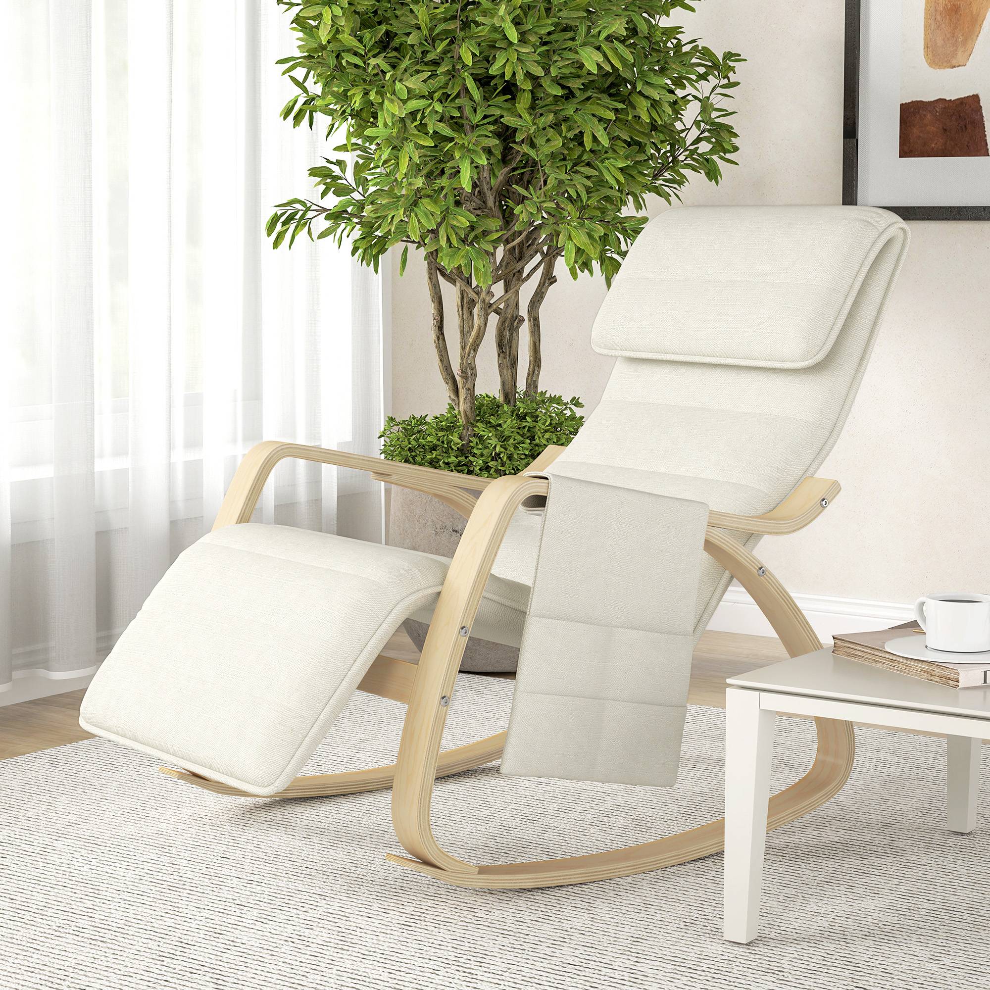 Sans Marque - Fauteuil relax à bascule fauteuil allaitement avec repose-pieds réglable, poche latérale et appui-tête, blanc crème - Image 9