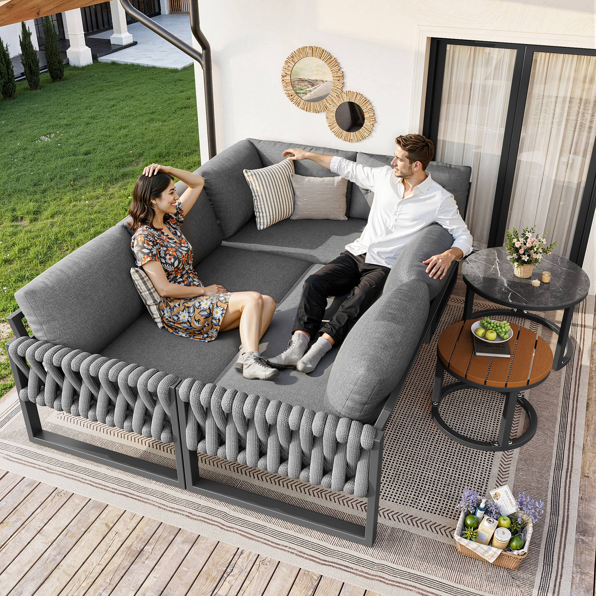 Salon de jardin modulable métal et olefin gris 123 x 68 x 86 cm - PANGIVO - Image 3