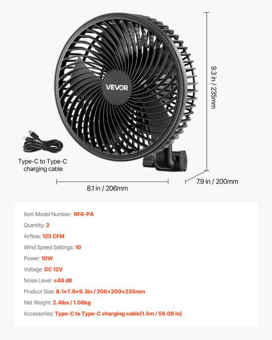 VEVOR Ventilateur de Culture à Pince Oscillant USB-C 9 Vitesses Noir Lot de 2 - Image 7