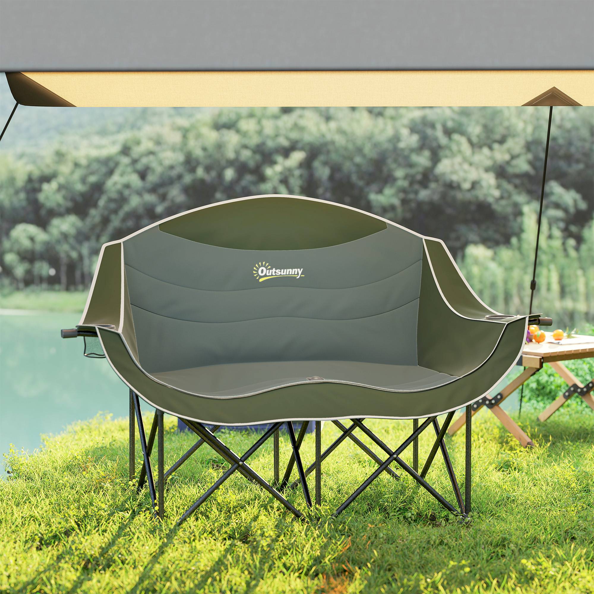 Sans Marque - Chaise pliante 2 places, porte-gobelet, sac, jusqu'à 250kg, vert - Image 9