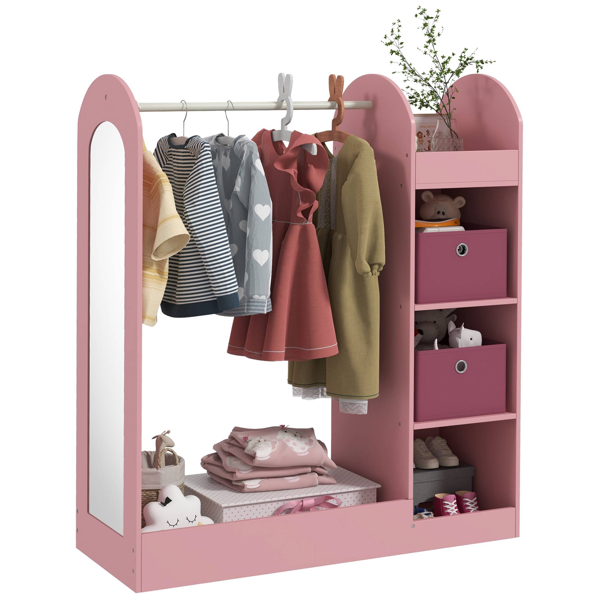 Sans Marque - Porte-manteau pour enfants avec étagères, boîtes et miroir en bois, rose - Image 1