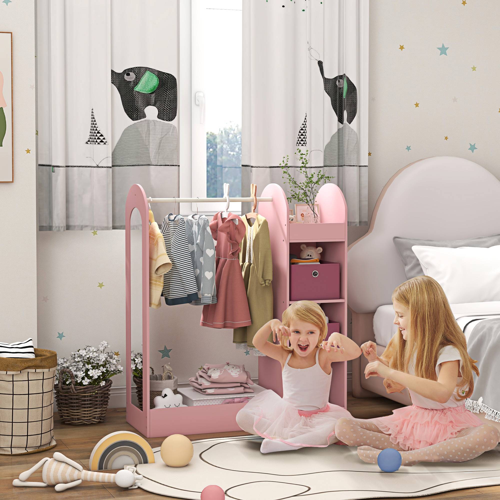Sans Marque - Porte-manteau pour enfants avec étagères, boîtes et miroir en bois, rose - Image 3