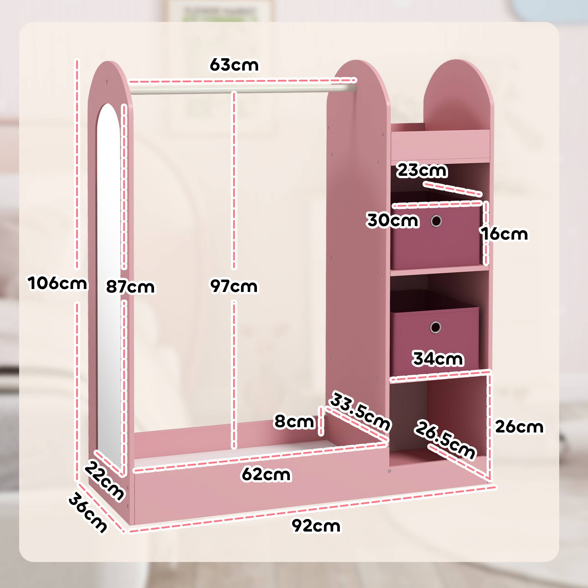 Sans Marque - Porte-manteau pour enfants avec étagères, boîtes et miroir en bois, rose - Image 5