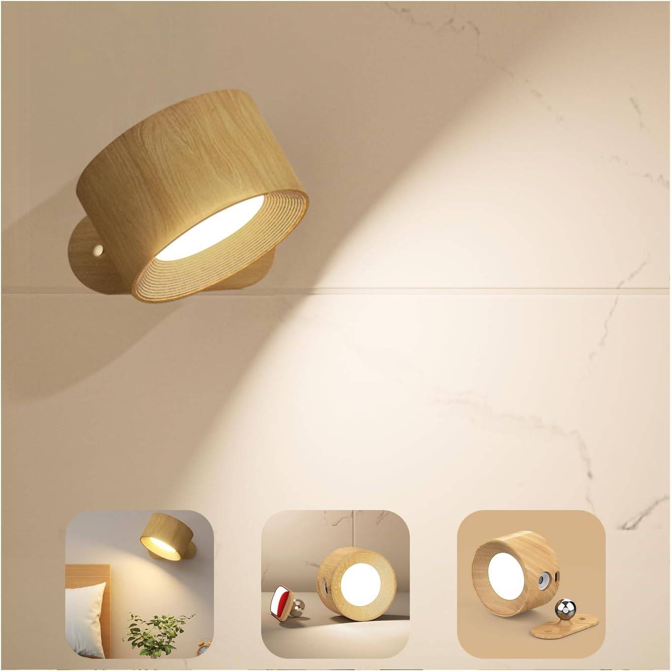8 in 1 - Applique Murale Intérieur Lampe Tactile LED USB Charge 3 Luminosités 3 Températures Rotatif 360° pour Chambre Grain Bois - Image 1