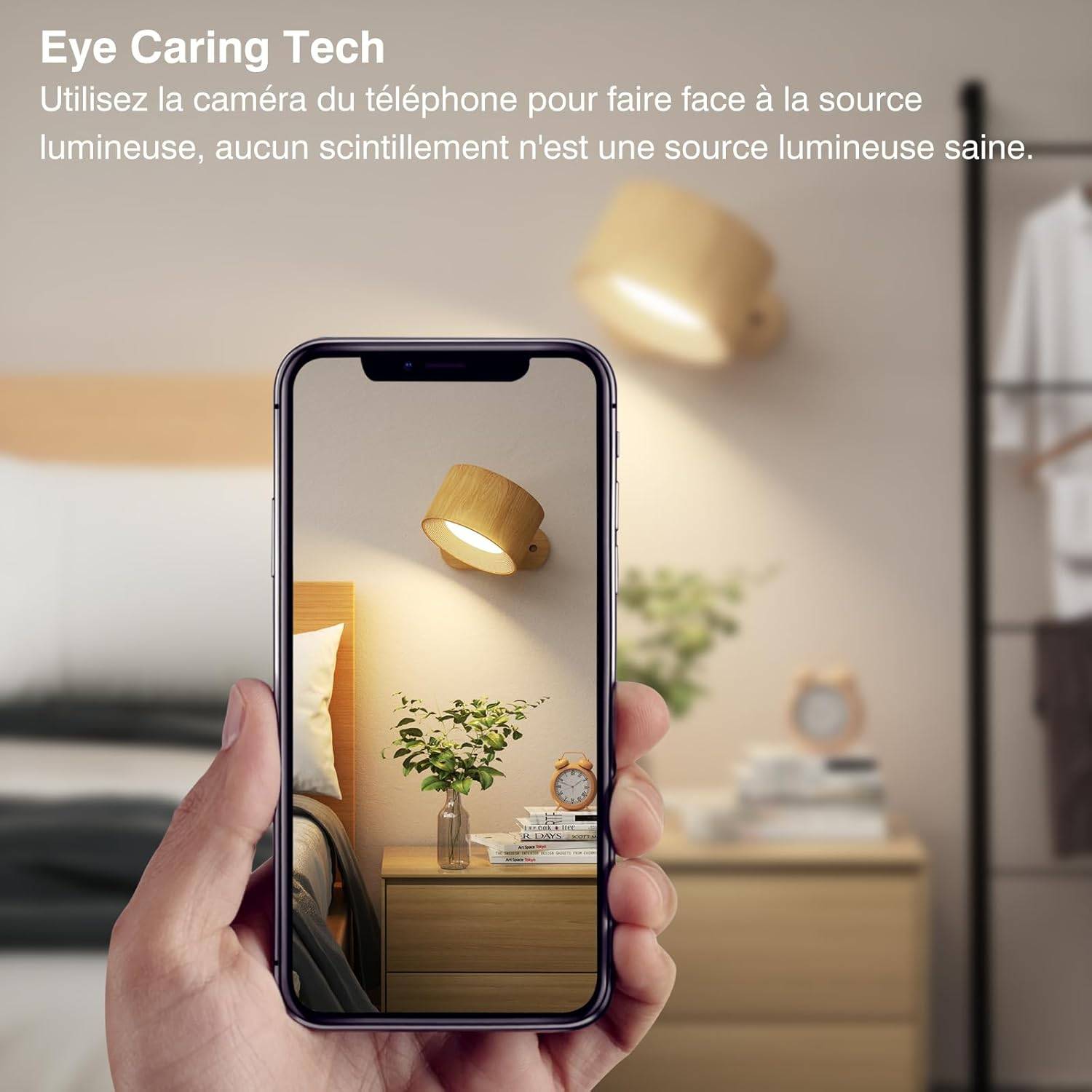 8 in 1 - Applique Murale Intérieur Lampe Tactile LED USB Charge 3 Luminosités 3 Températures Rotatif 360° pour Chambre Grain Bois - Image 3