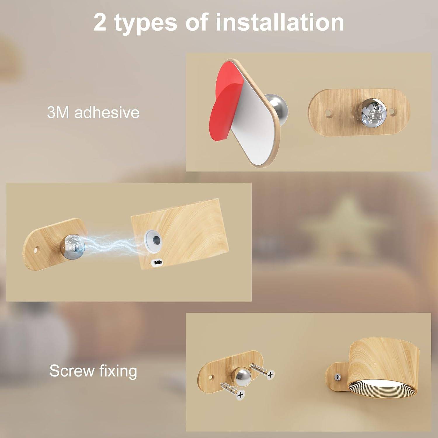 8 in 1 - Applique Murale Intérieur Lampe Tactile LED USB Charge 3 Luminosités 3 Températures Rotatif 360° pour Chambre Grain Bois - Image 5