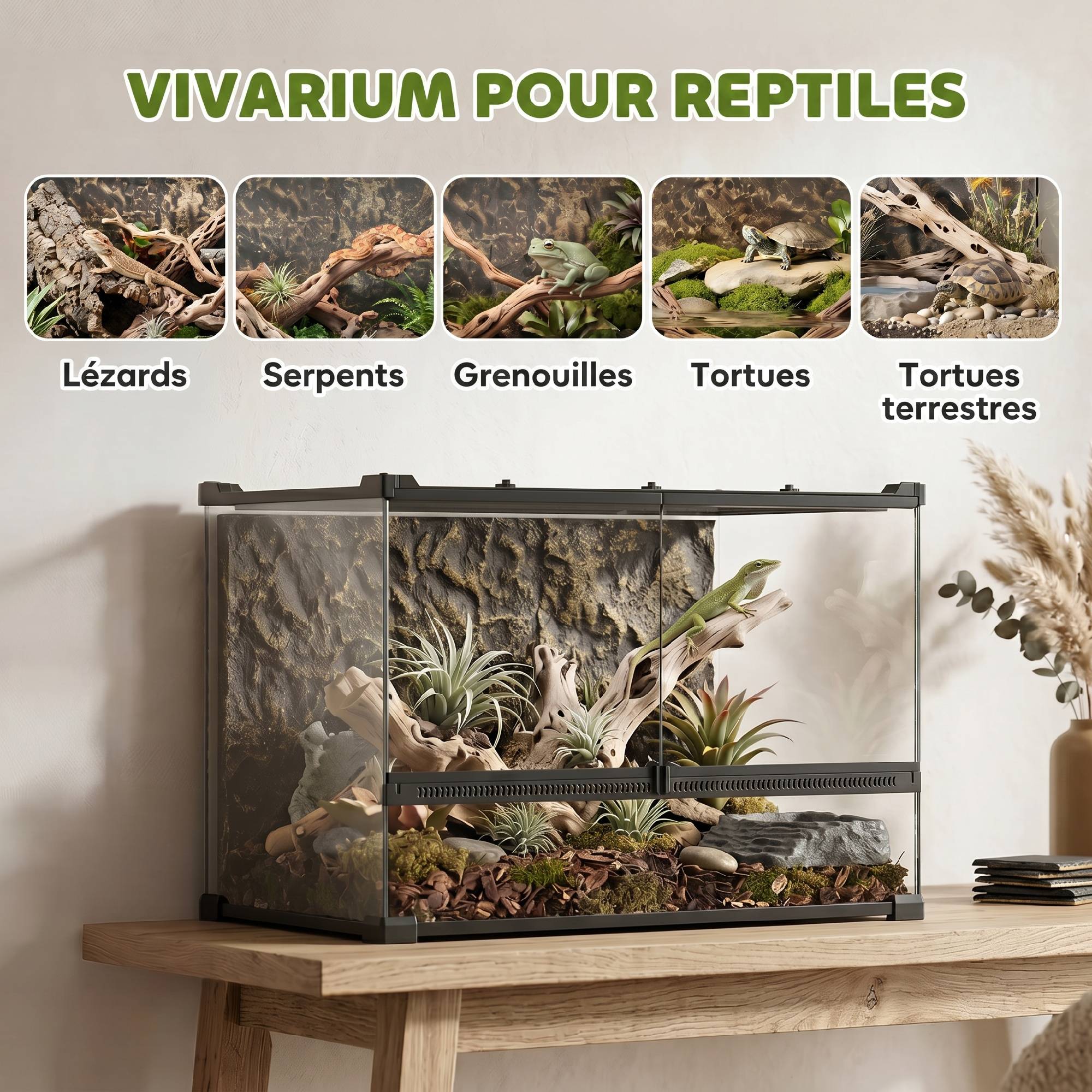 Boîte pour reptiles avec panneau arrière, fermeture rotative sécurisée, ventilation frontale, 50×30×35cm noir - Image 6