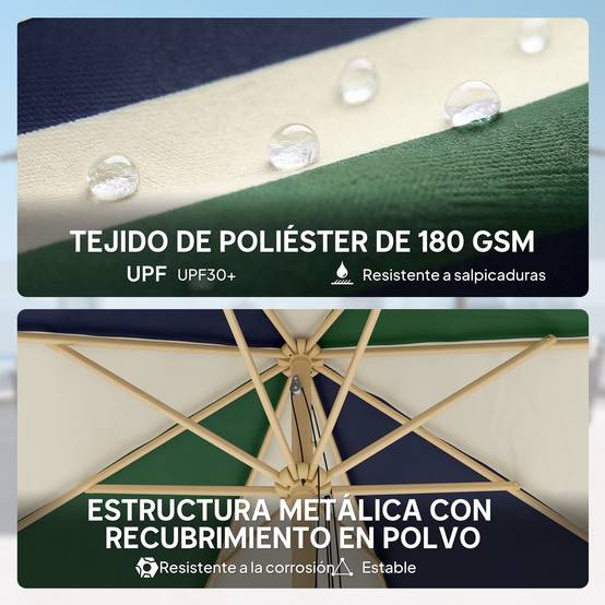 Parasol de terrasse extérieur Ø 2,3 m avec structure effet bois, poulie et corde, toile bicolore, protection UPF 30+, vert foncé - Image 7
