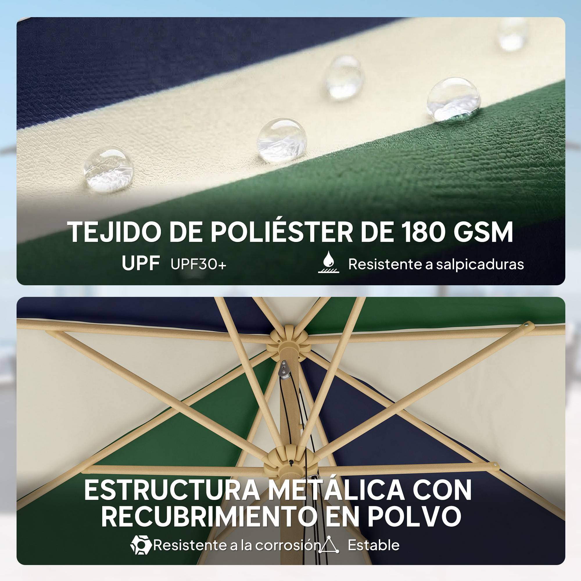 Parasol de terrasse extérieur Ø 2,3 m avec structure effet bois, poulie et corde, toile bicolore, protection UPF 30+, vert foncé - Image 7