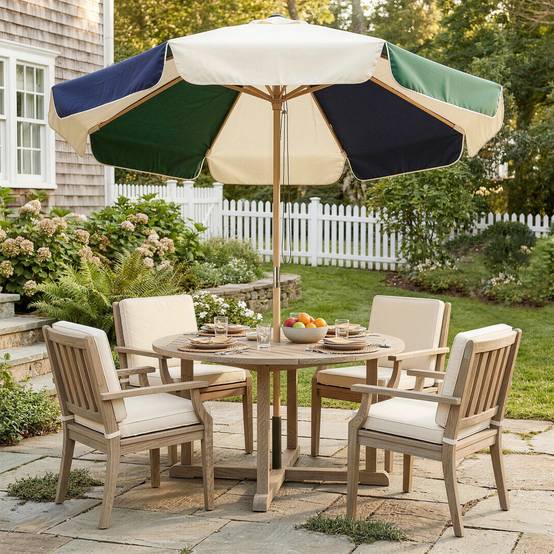 Parasol de terrasse extérieur Ø 2,3 m avec structure effet bois, poulie et corde, toile bicolore, protection UPF 30+, vert foncé - Image 10