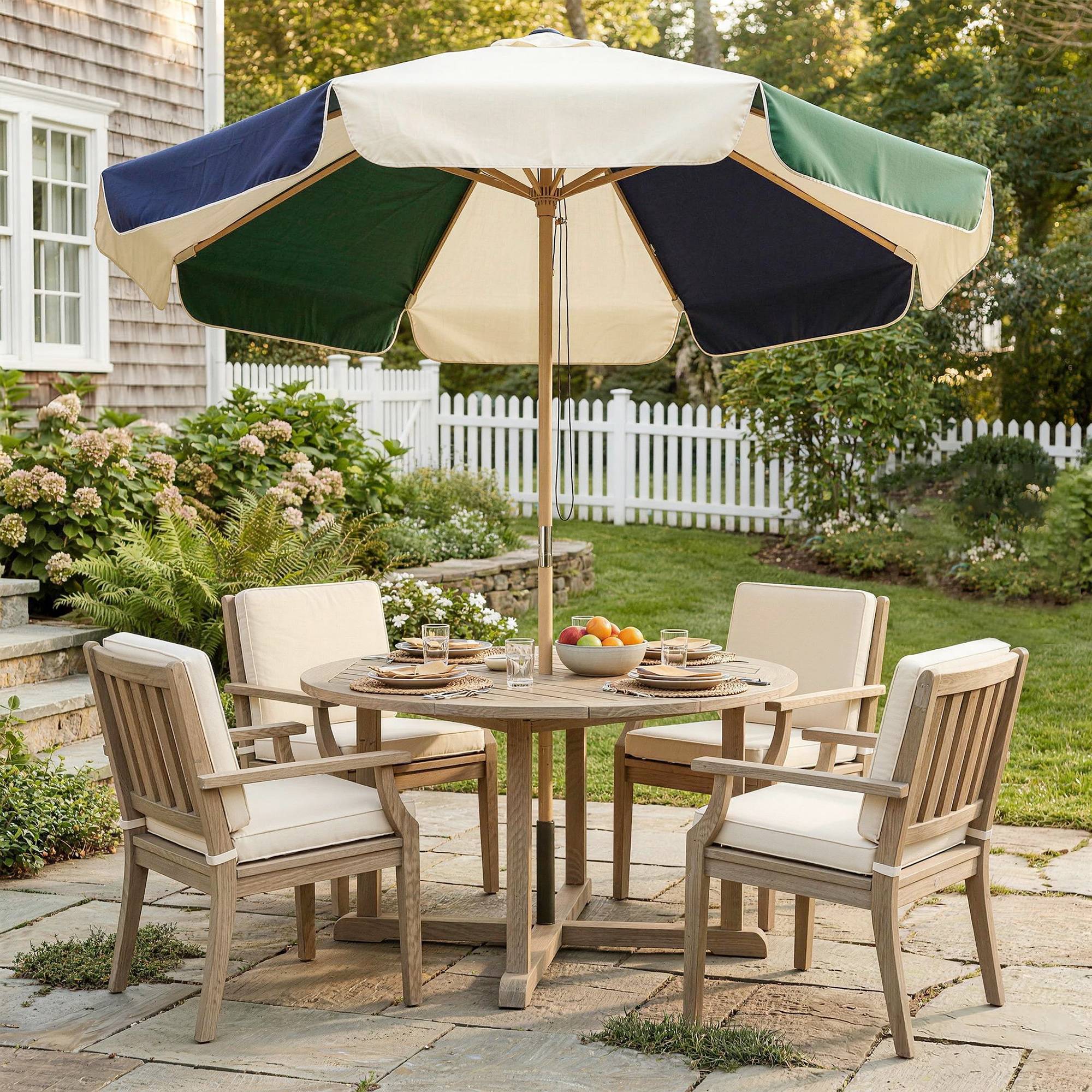 Parasol de terrasse extérieur Ø 2,3 m avec structure effet bois, poulie et corde, toile bicolore, protection UPF 30+, vert foncé - Image 10