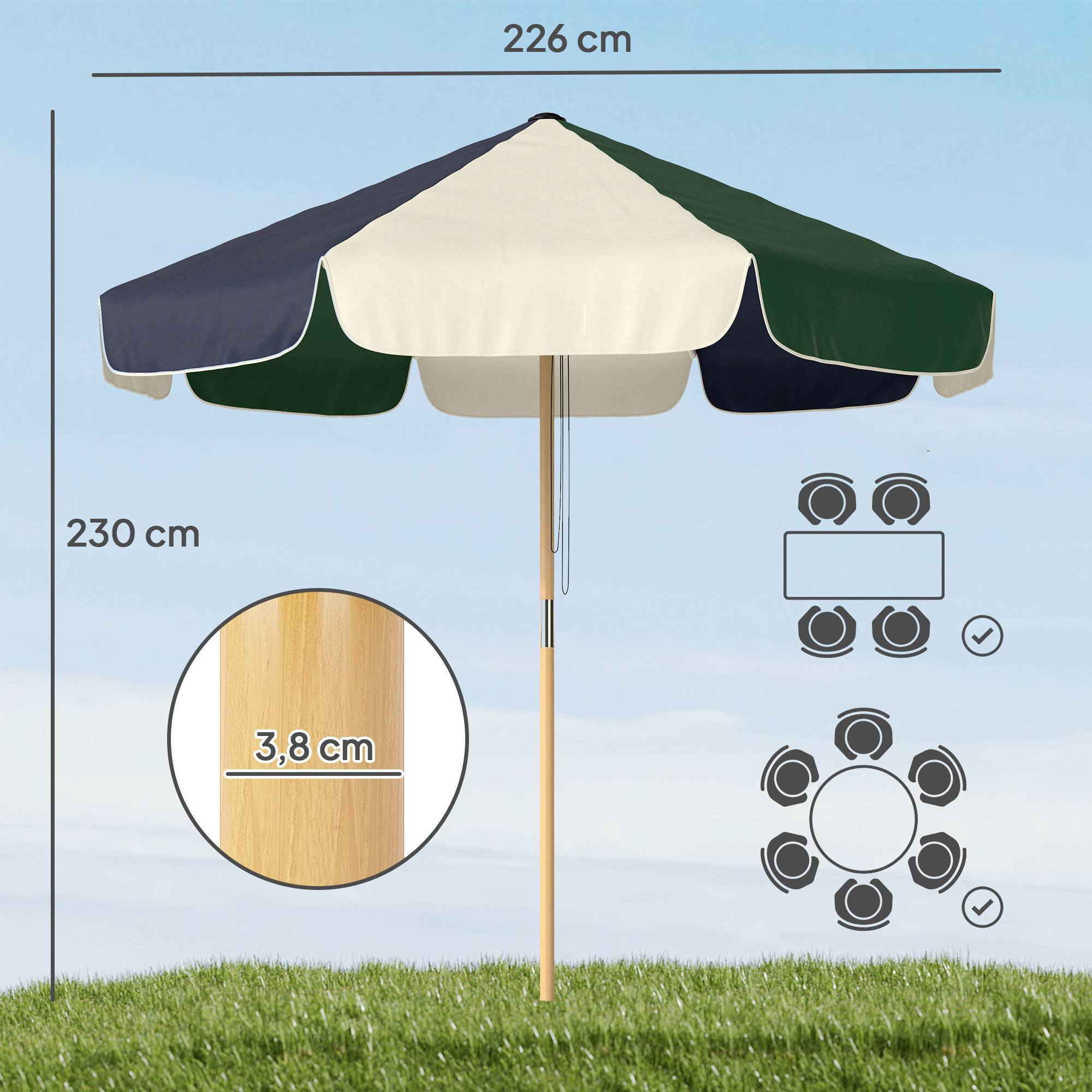 Parasol de terrasse extérieur Ø 2,3 m avec structure effet bois, poulie et corde, toile bicolore, protection UPF 30+, vert foncé - Image 5
