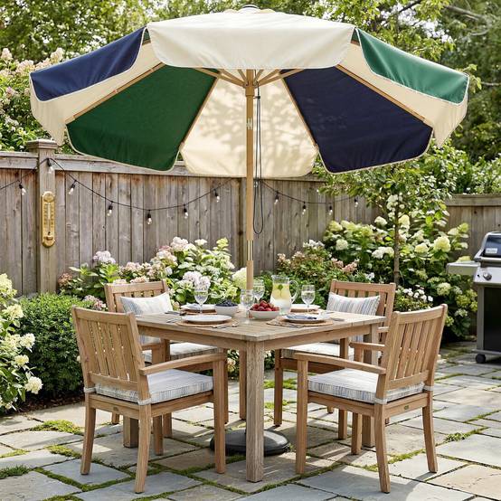 Parasol de terrasse extérieur Ø 2,3 m avec structure effet bois, poulie et corde, toile bicolore, protection UPF 30+, vert foncé - Image 4
