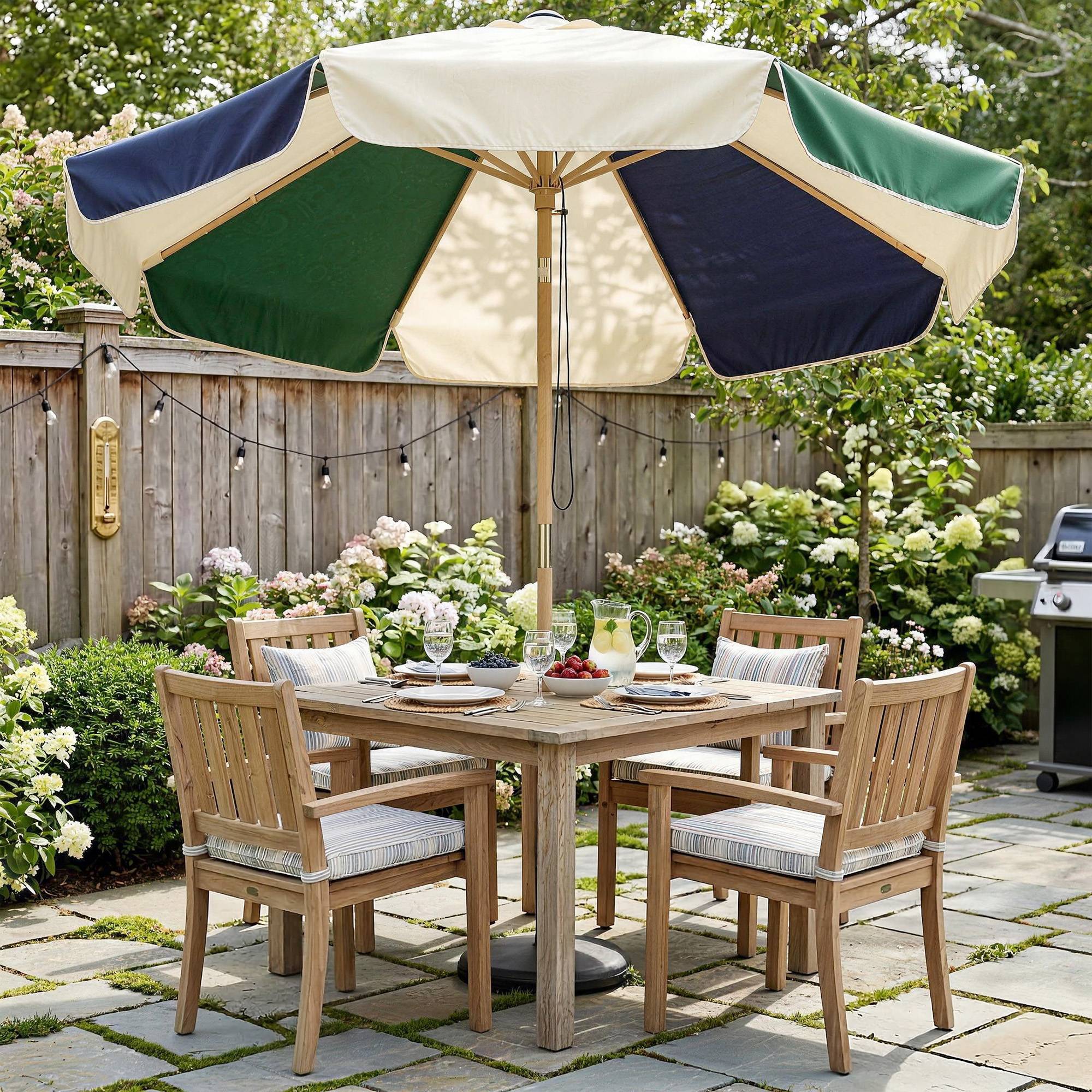 Parasol de terrasse extérieur Ø 2,3 m avec structure effet bois, poulie et corde, toile bicolore, protection UPF 30+, vert foncé - Image 4