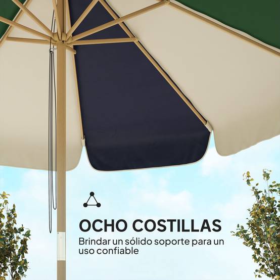 Parasol de terrasse extérieur Ø 2,3 m avec structure effet bois, poulie et corde, toile bicolore, protection UPF 30+, vert foncé - Image 8