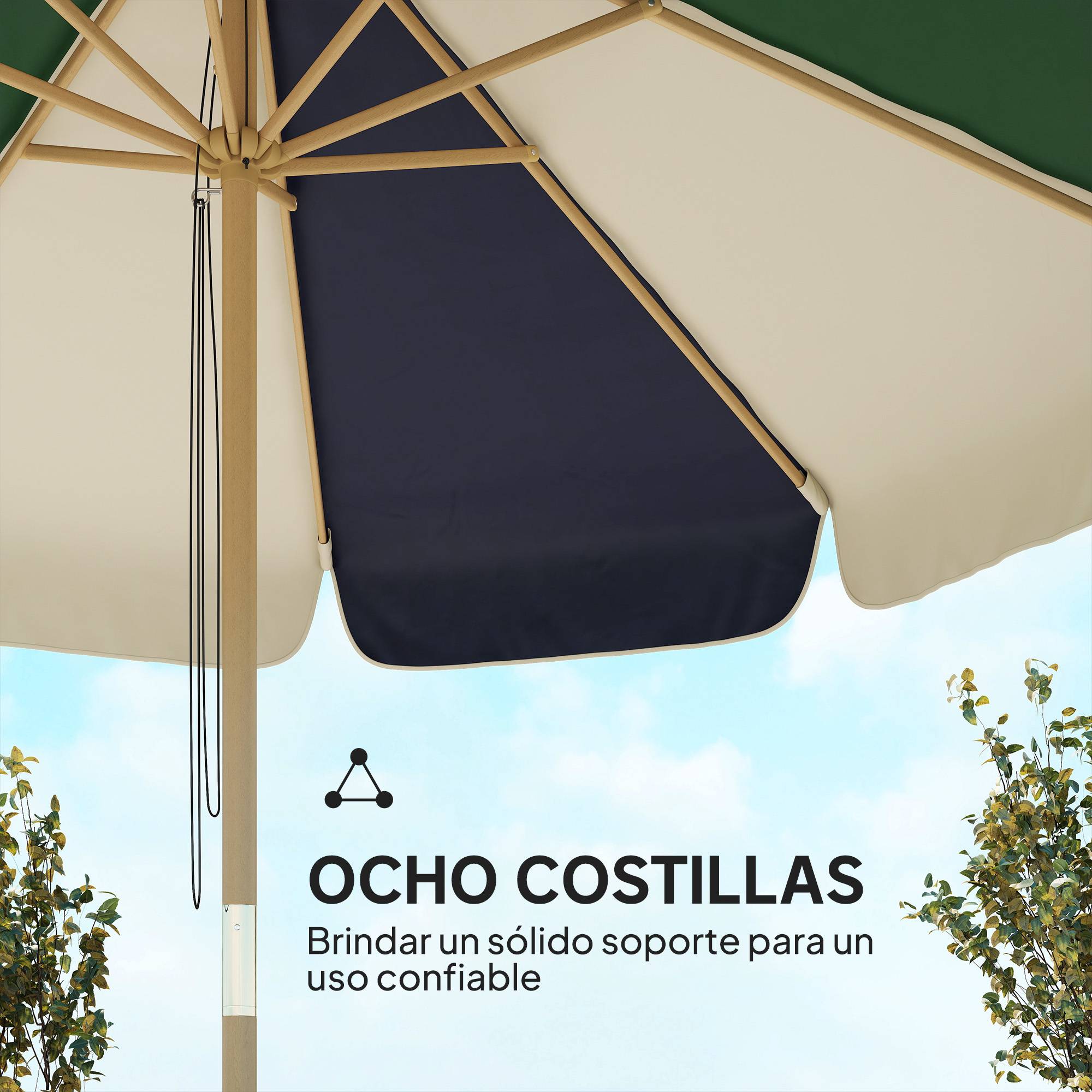 Parasol de terrasse extérieur Ø 2,3 m avec structure effet bois, poulie et corde, toile bicolore, protection UPF 30+, vert foncé - Image 8