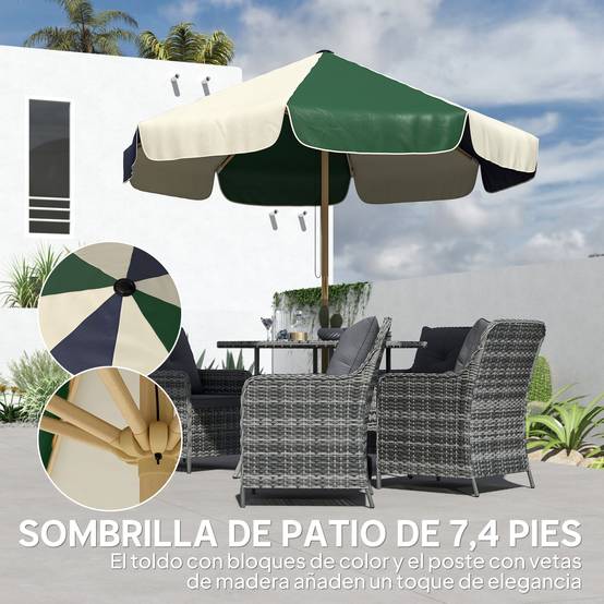 Parasol de terrasse extérieur Ø 2,3 m avec structure effet bois, poulie et corde, toile bicolore, protection UPF 30+, vert foncé - Image 6