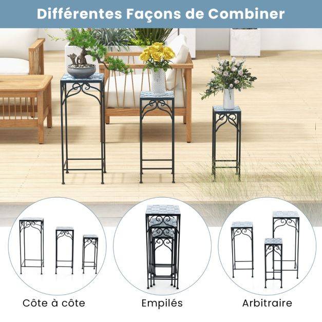 Helloshop26 - Lot de 3 supports pots de fleurs plateau en céramique à motifs mosaïque patin antidérapant porte plante en métal bleu - Image 3