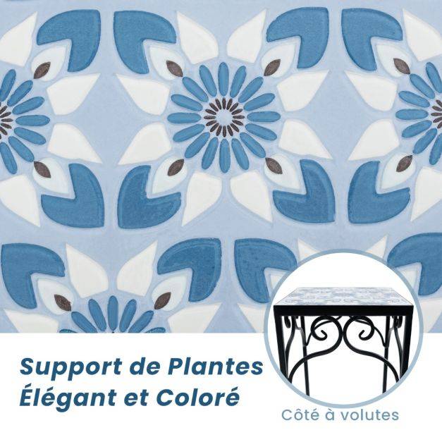 Helloshop26 - Lot de 3 supports pots de fleurs plateau en céramique à motifs mosaïque patin antidérapant porte plante en métal bleu - Image 4