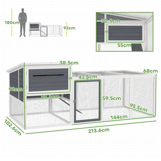 Poulailler avec abri, pondoir et espace extérieur, 214 x 101 x 91,5 cm, gris - Image 5