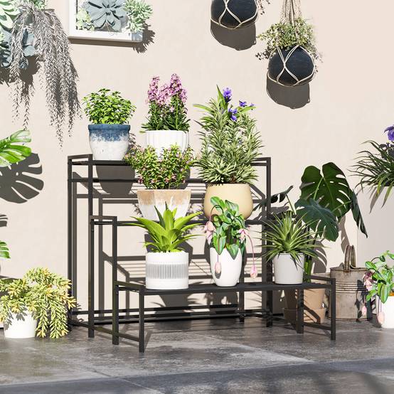 Étagère pour plantes en métal forme escalier 3 niveaux intérieur extérieur 75x70x66cm - ComfortXL Outdoor Living - Image 3
