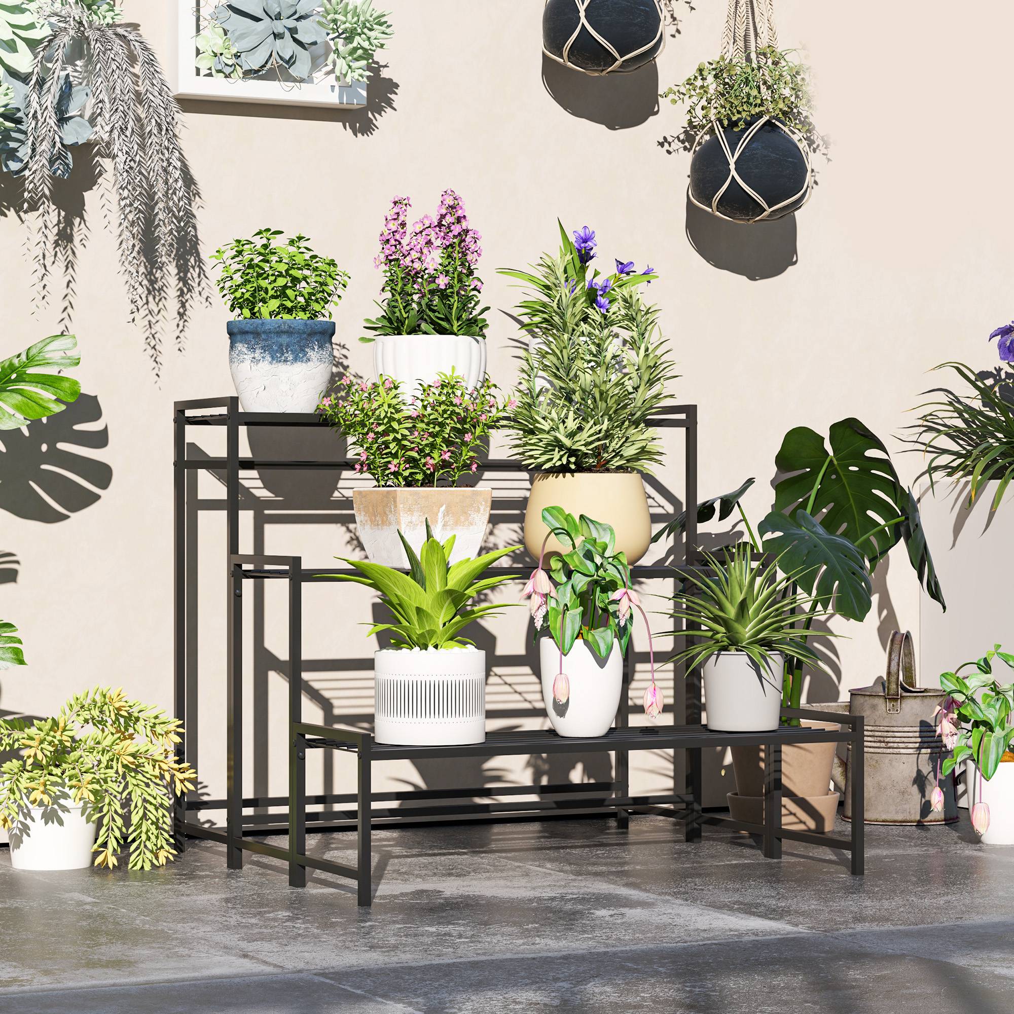 Étagère pour plantes en métal forme escalier 3 niveaux intérieur extérieur 75x70x66cm - ComfortXL Outdoor Living - Image 3