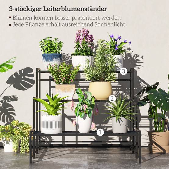 Étagère pour plantes en métal forme escalier 3 niveaux intérieur extérieur 75x70x66cm - ComfortXL Outdoor Living - Image 6