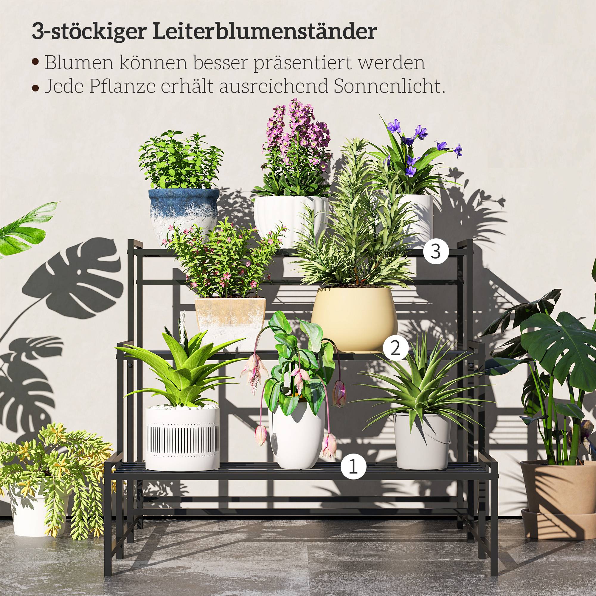 Étagère pour plantes en métal forme escalier 3 niveaux intérieur extérieur 75x70x66cm - ComfortXL Outdoor Living - Image 6