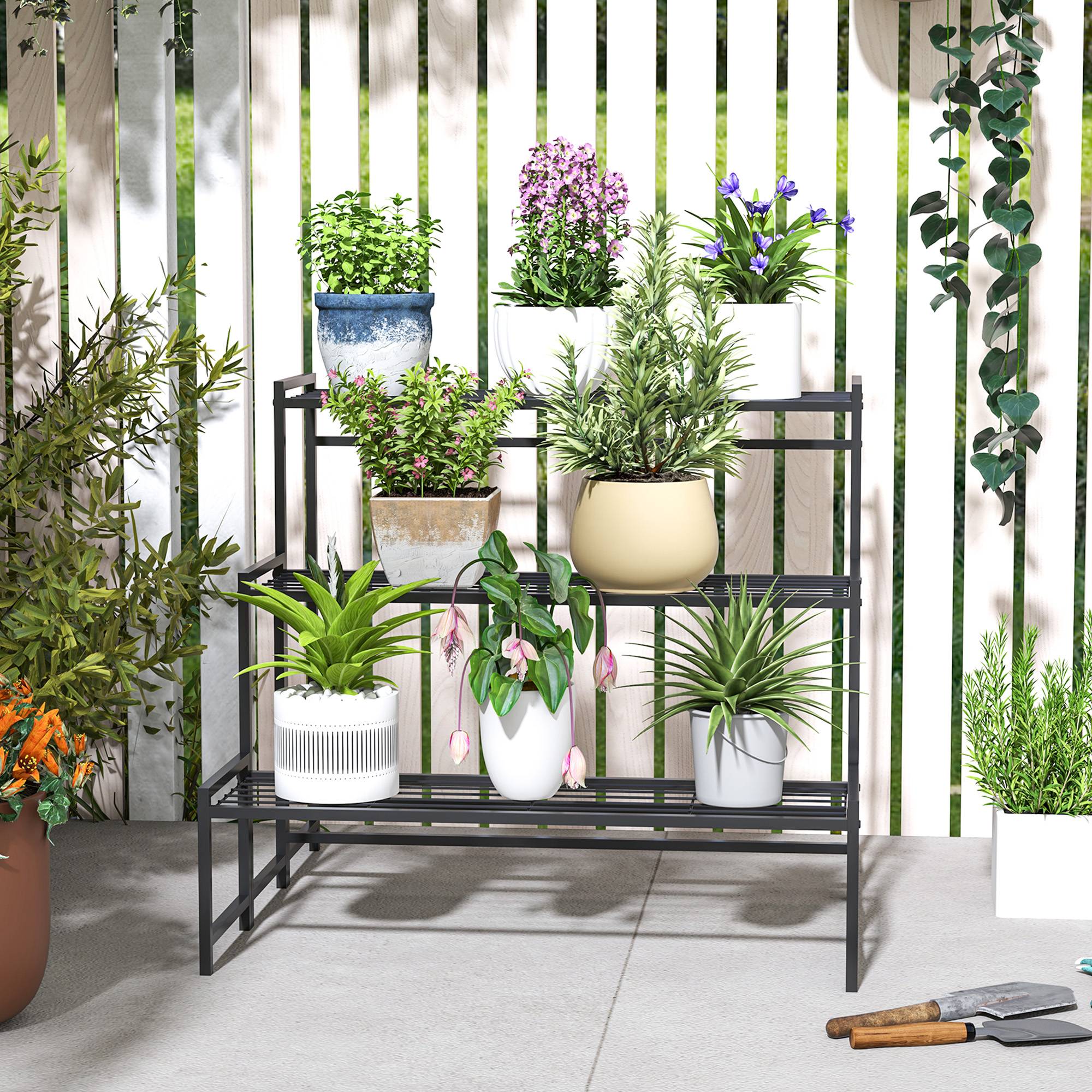 Étagère pour plantes en métal forme escalier 3 niveaux intérieur extérieur 75x70x66cm - ComfortXL Outdoor Living - Image 10