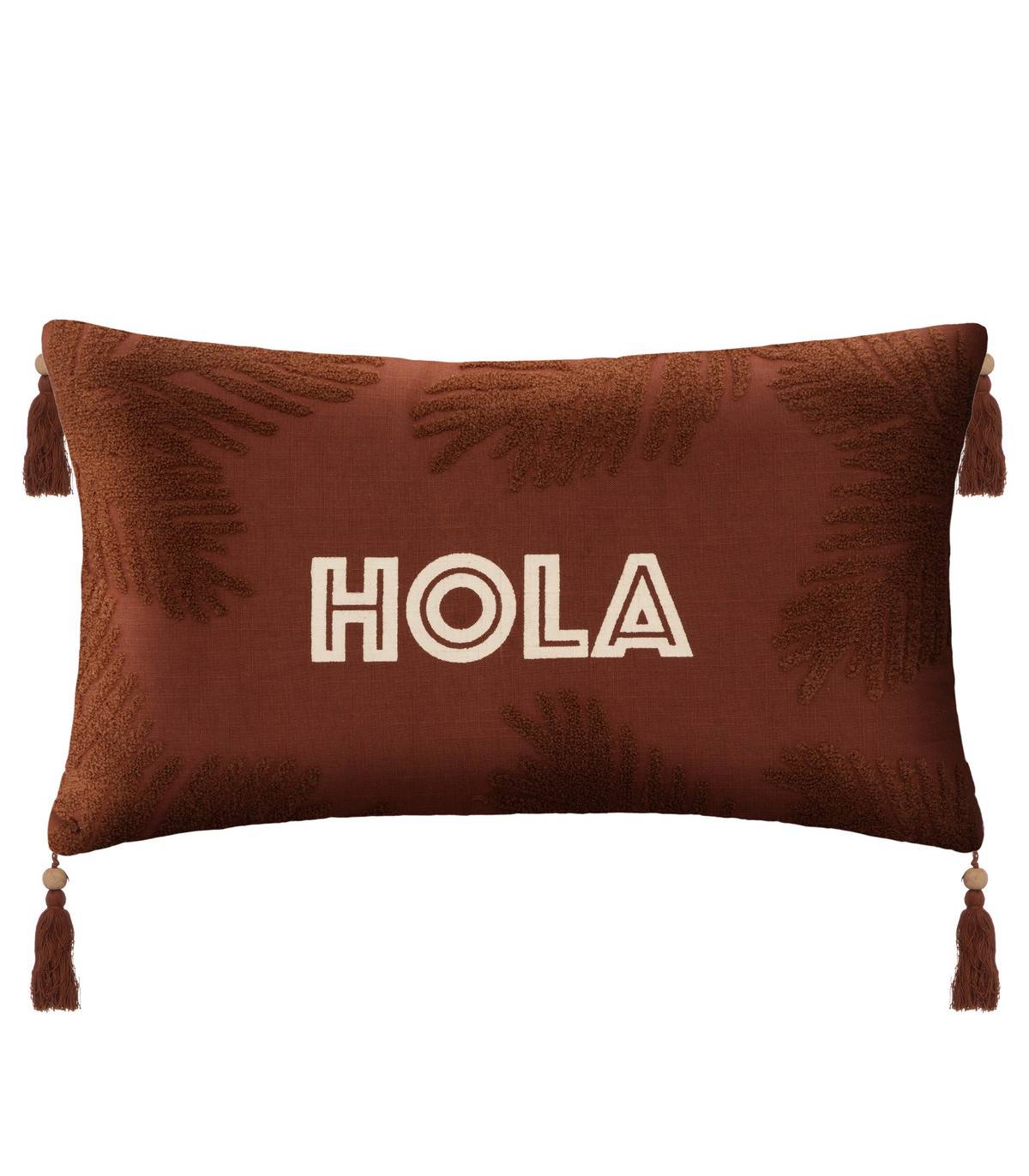 Coussin décoratif en Coton Cannelle motifs brodés avec pompons 38 x 58 cm - Image 1