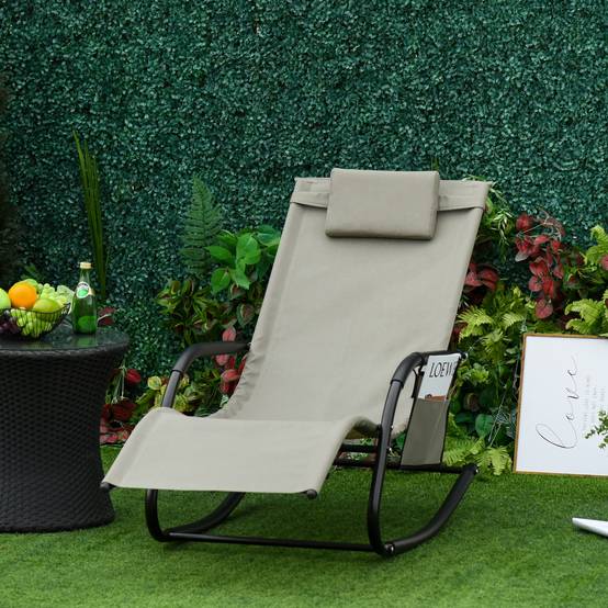 Fauteuil rocking-chair de jardin avec appui-tête et poche latérale, 150x62x88cm, noir et gris - Image 3