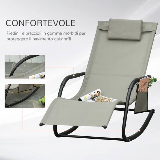 Fauteuil rocking-chair de jardin avec appui-tête et poche latérale, 150x62x88cm, noir et gris - Image 5