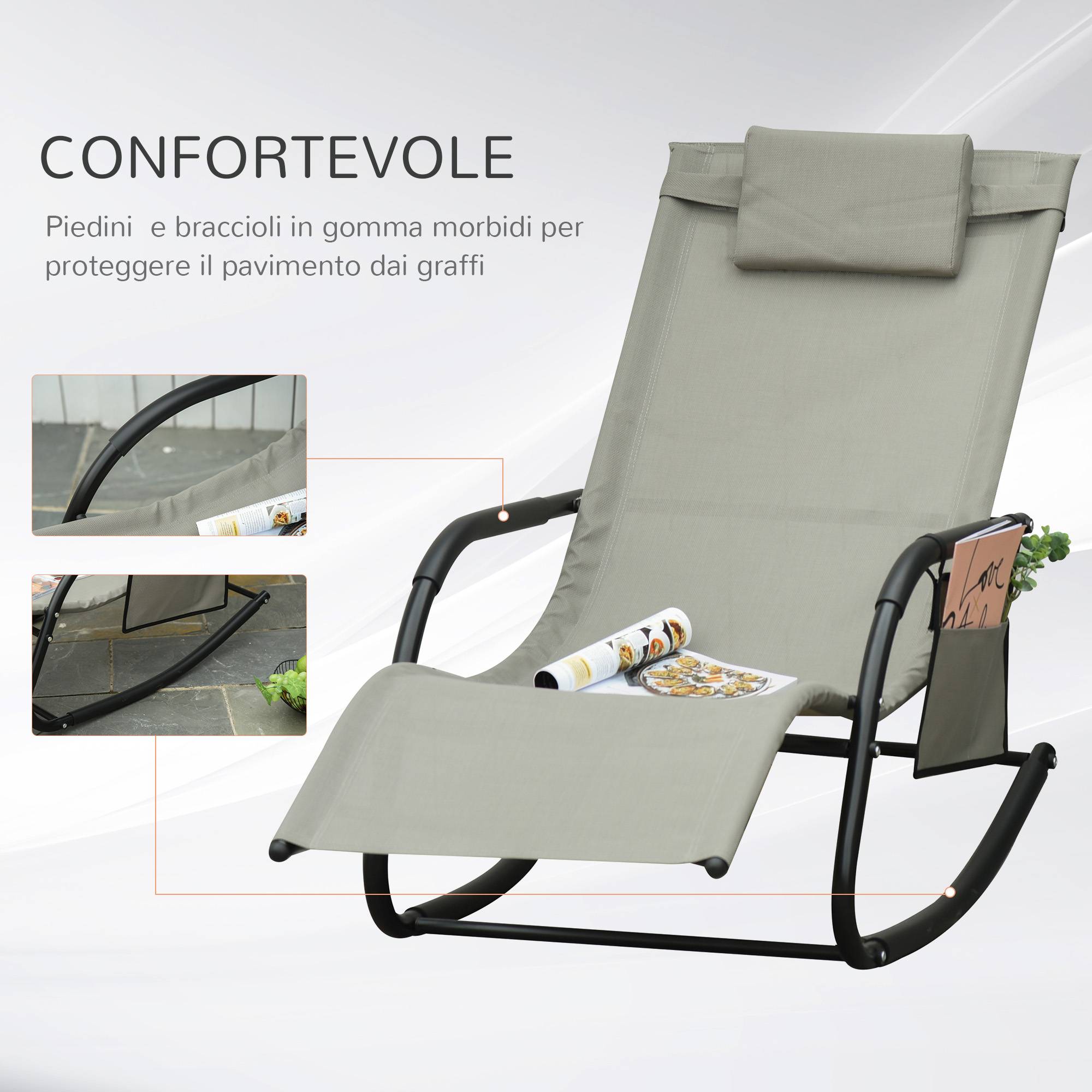 Fauteuil rocking-chair de jardin avec appui-tête et poche latérale, 150x62x88cm, noir et gris - Image 5