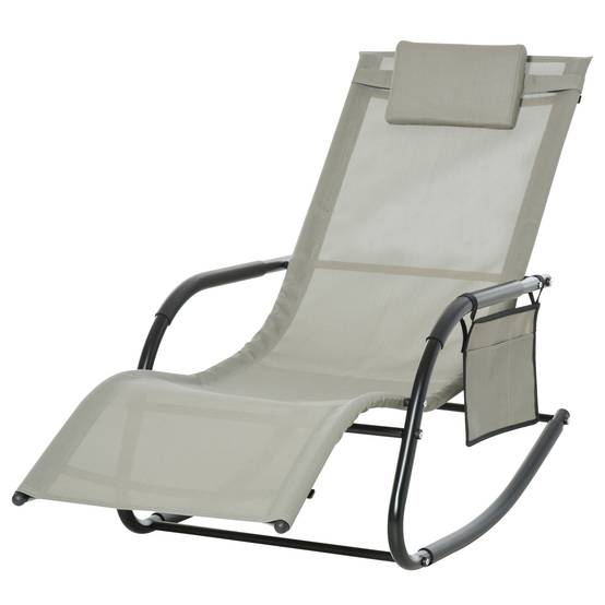 Fauteuil rocking-chair de jardin avec appui-tête et poche latérale, 150x62x88cm, noir et gris - Image 1