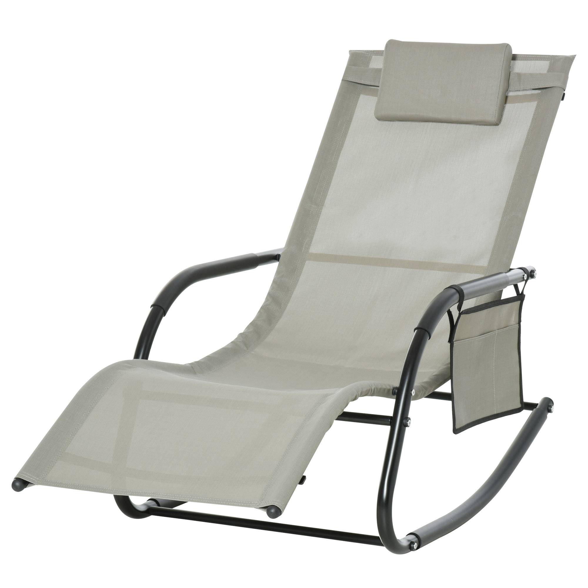Fauteuil rocking-chair de jardin avec appui-tête et poche latérale, 150x62x88cm, noir et gris - Image 1