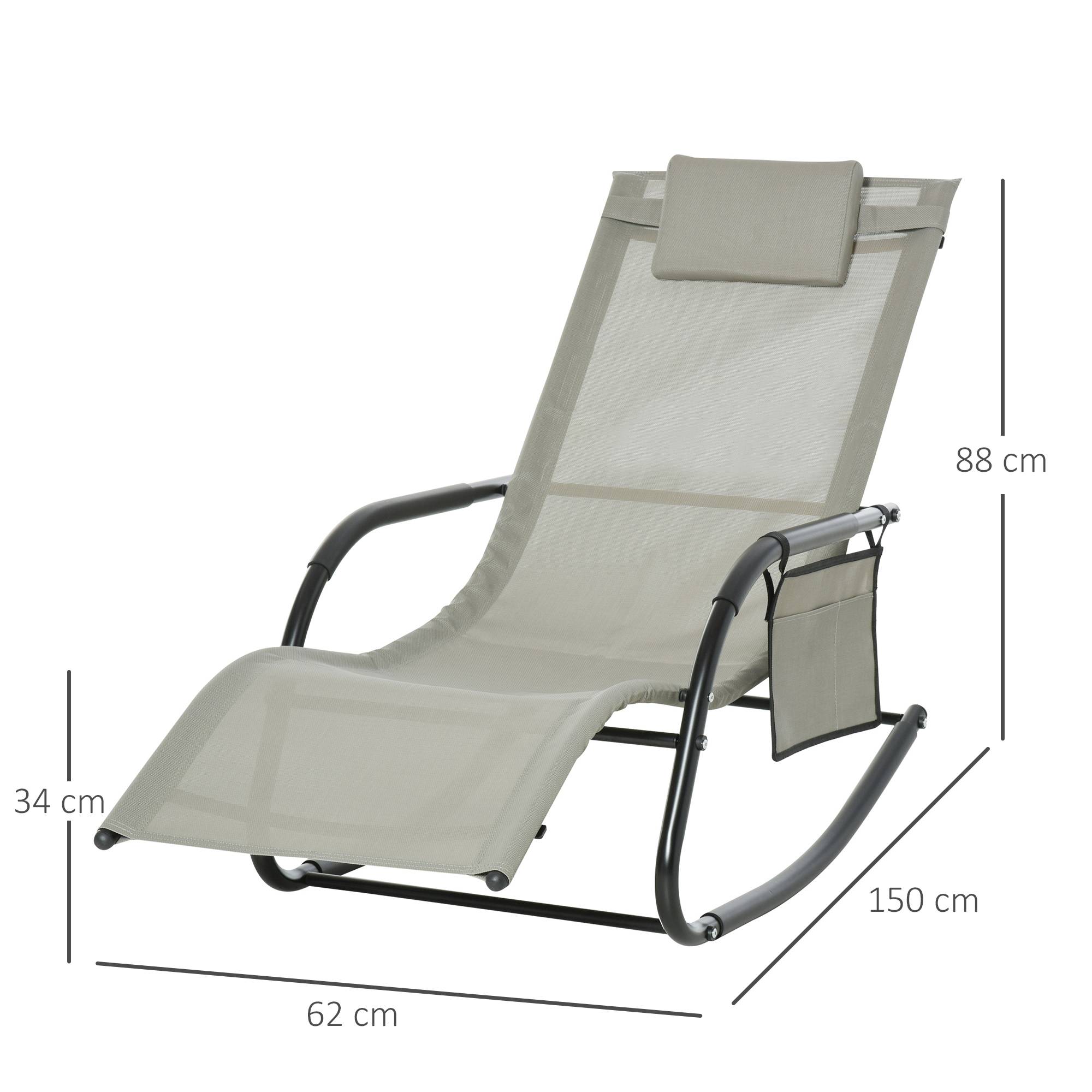 Fauteuil rocking-chair de jardin avec appui-tête et poche latérale, 150x62x88cm, noir et gris - Image 4
