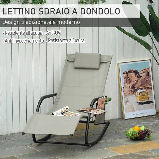 Fauteuil rocking-chair de jardin avec appui-tête et poche latérale, 150x62x88cm, noir et gris - Image 8