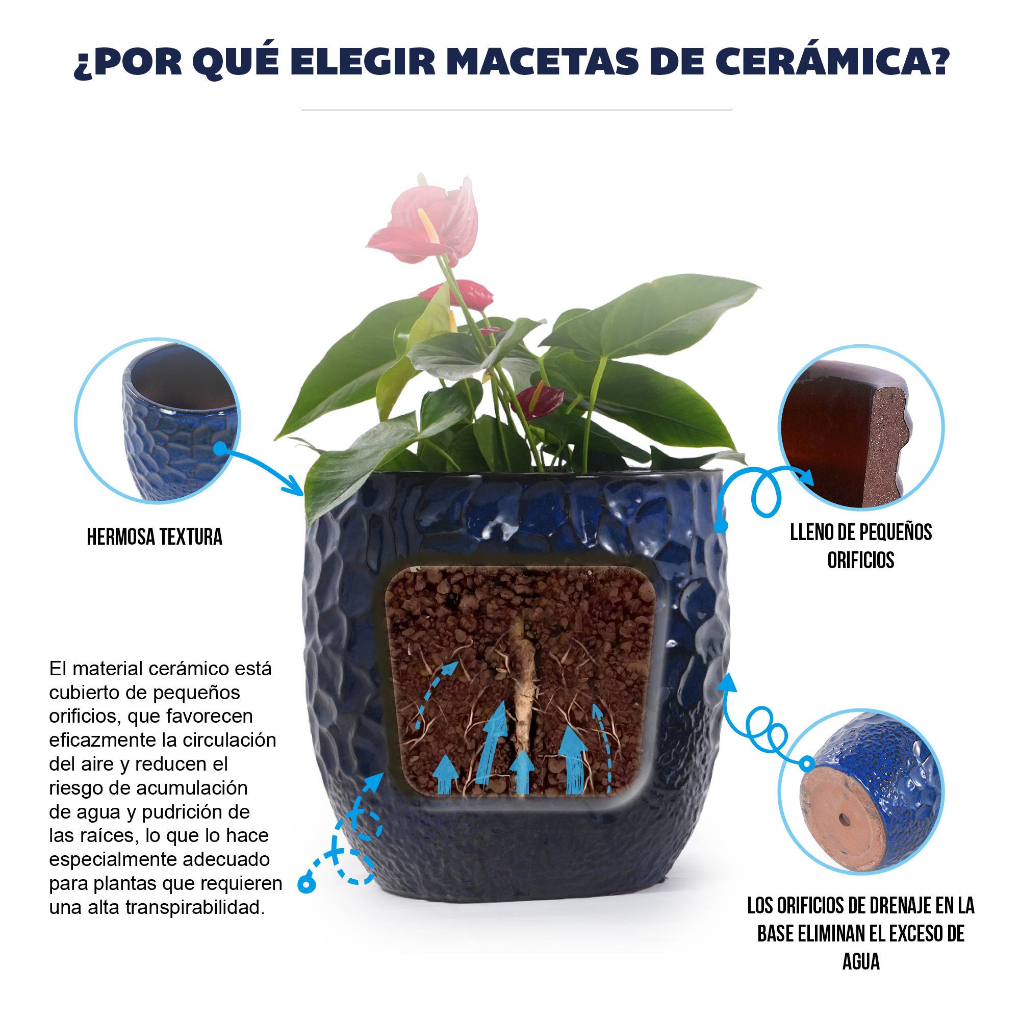 ComfortXL - Pot de fleurs céramique Ø18 cm bleu marine relief martelé intérieur succulentes drainage - ComfortXL Outdoor Living - Image 7