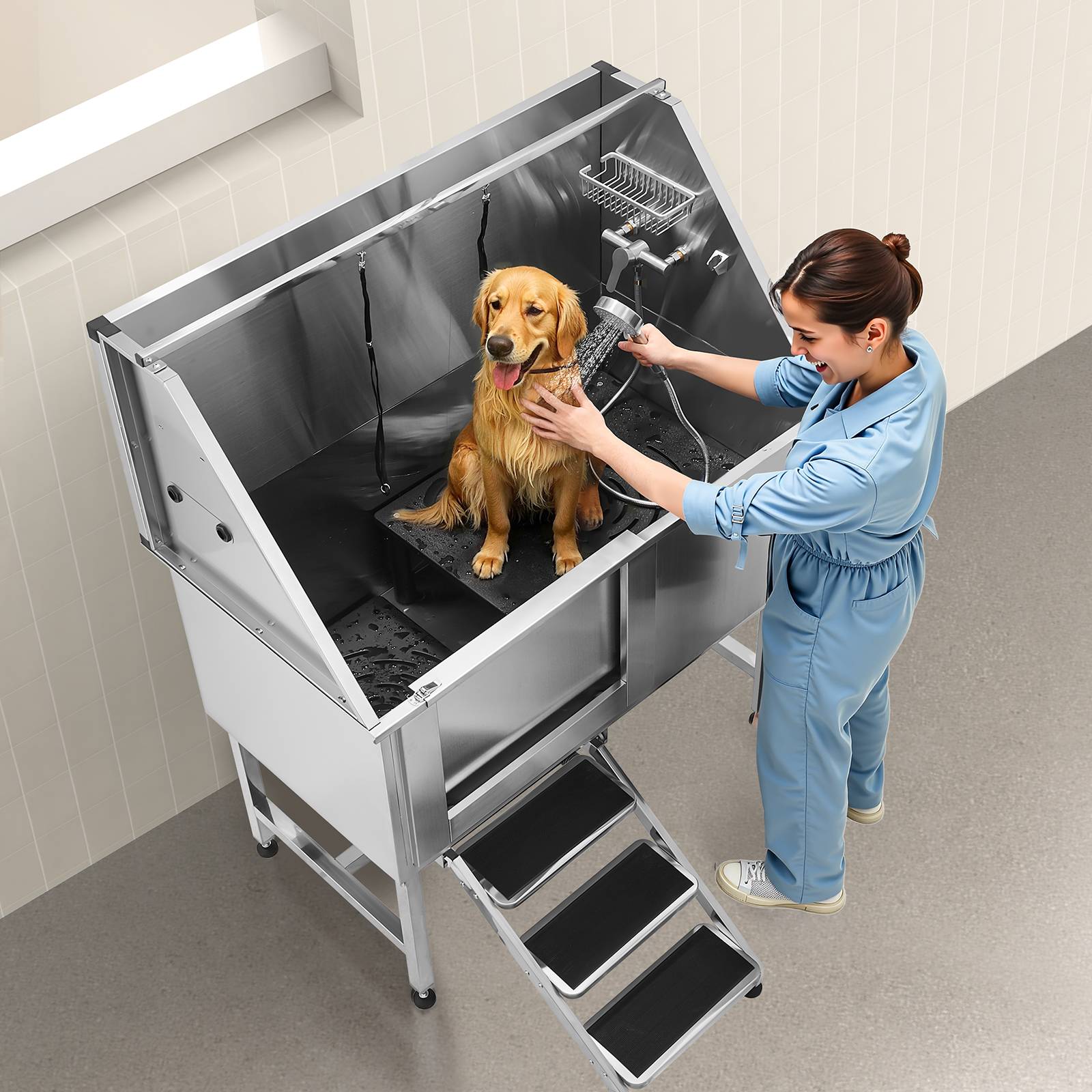 VEVOR Baignoire chien inox, 127 cm, station lavage, escalier, robinet, pommeau douche. Porte gauche. - Image 8