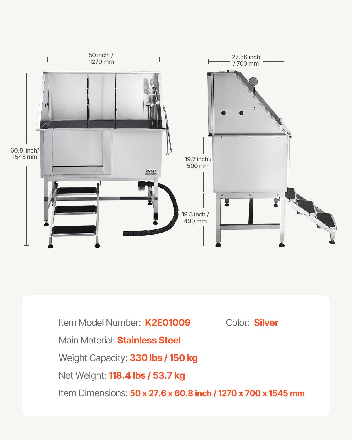 VEVOR Baignoire chien inox, 127 cm, station lavage, escalier, robinet, pommeau douche. Porte gauche. - Image 7