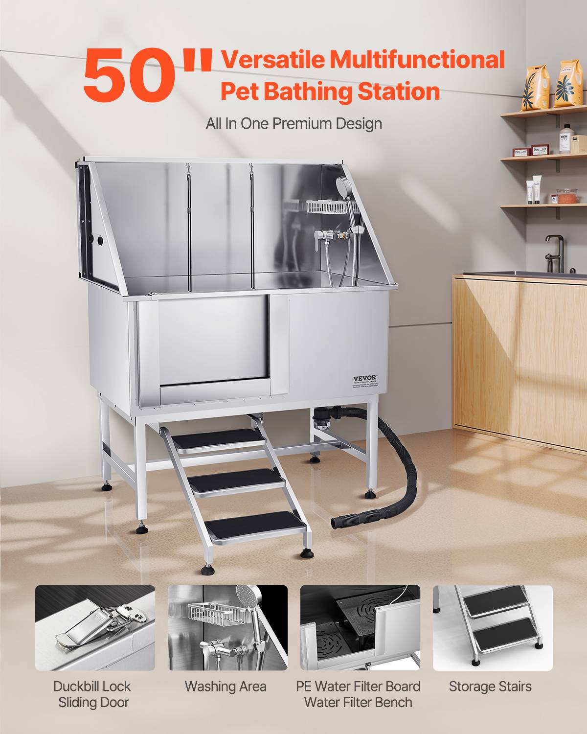 VEVOR Baignoire chien inox, 127 cm, station lavage, escalier, robinet, pommeau douche. Porte gauche. - Image 2
