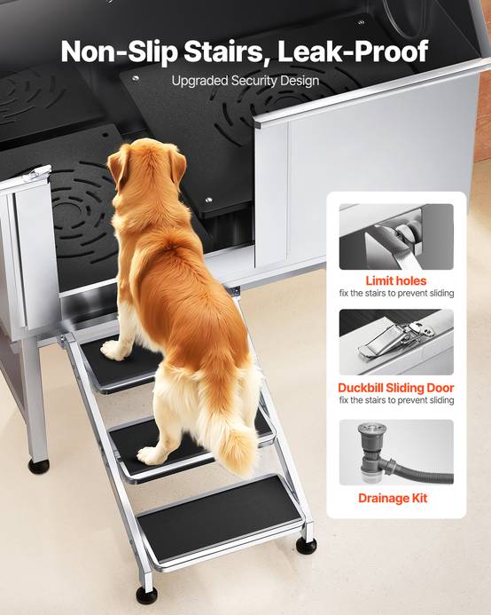 VEVOR Baignoire chien inox, 127 cm, station lavage, escalier, robinet, pommeau douche. Porte gauche. - Image 3