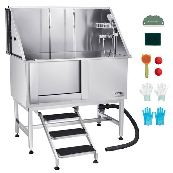 VEVOR Baignoire chien inox, 127 cm, station lavage, escalier, robinet, pommeau douche. Porte gauche. - Image 1