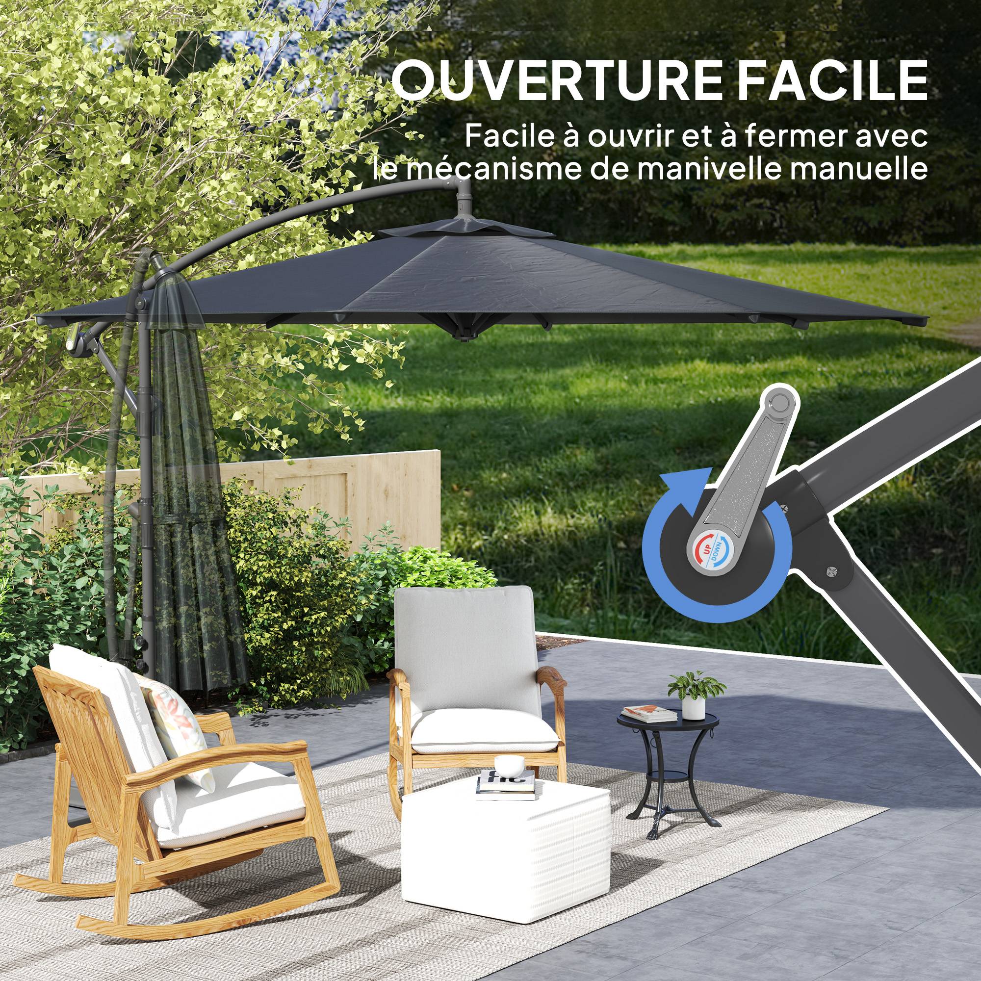 Parasol déporté octogonal rabattable diamètre 3 m parasol de jardin avec pied en croix noir fr322 - Image 6