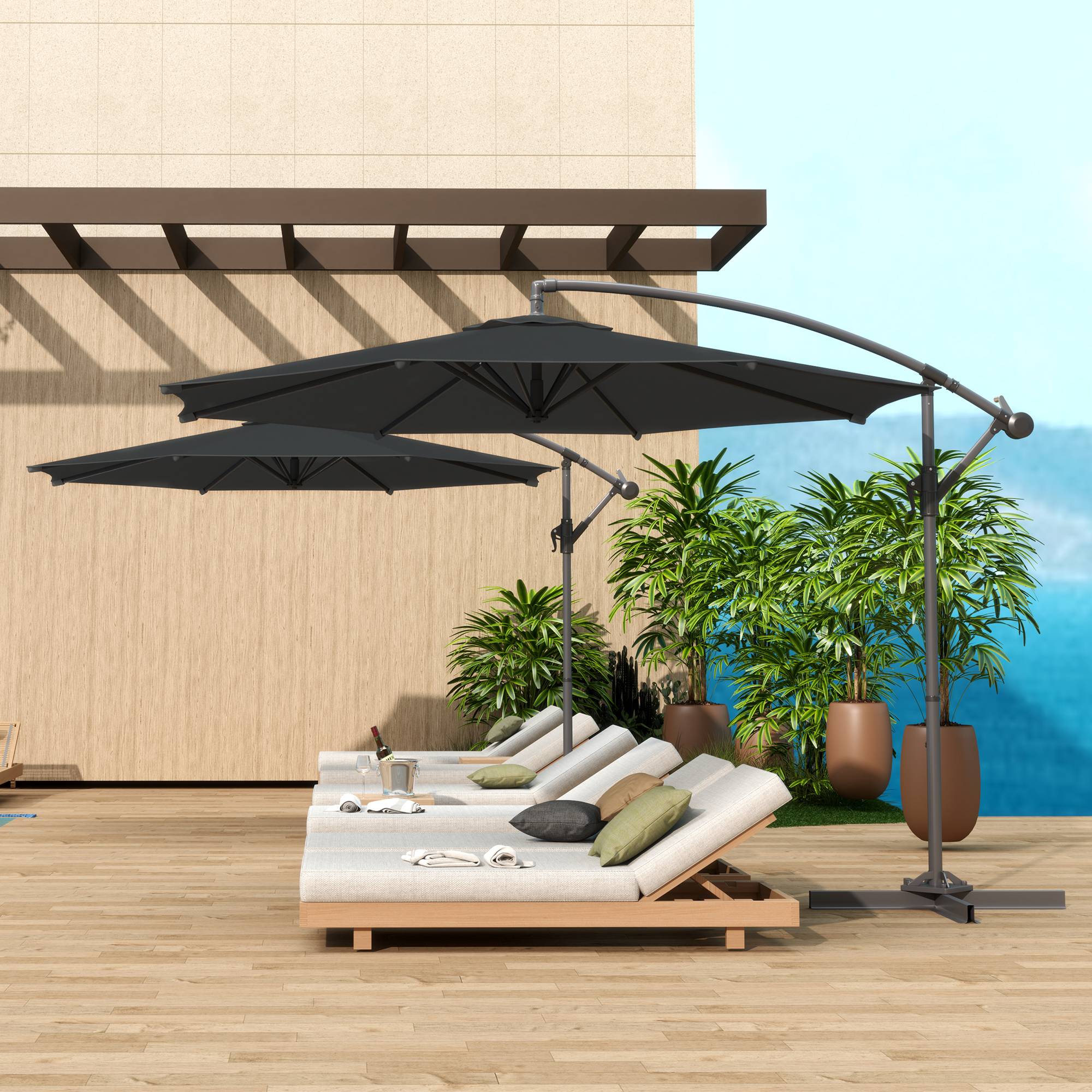 Parasol déporté octogonal rabattable diamètre 3 m parasol de jardin avec pied en croix noir fr322 - Image 3