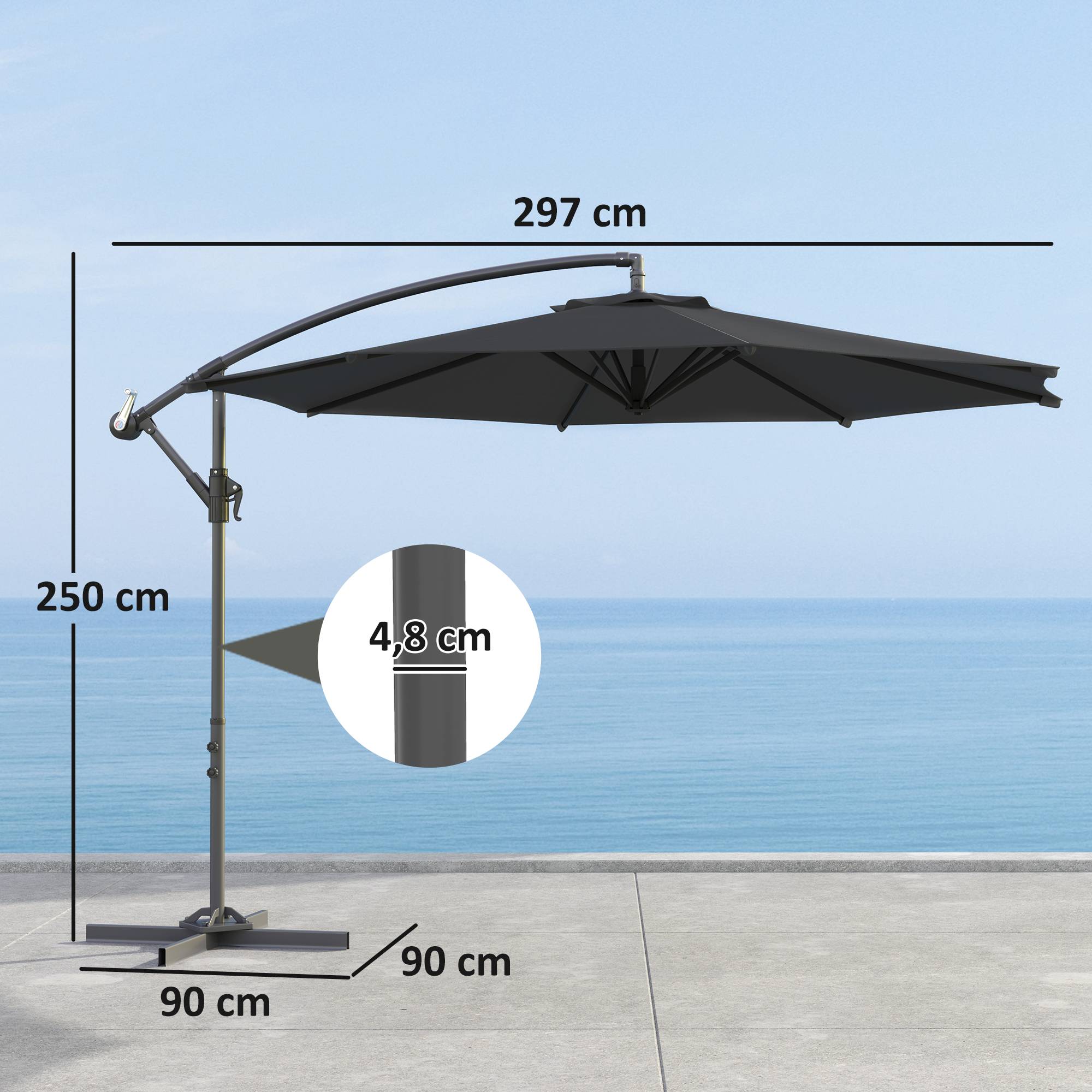 Parasol déporté octogonal rabattable diamètre 3 m parasol de jardin avec pied en croix noir fr322 - Image 5