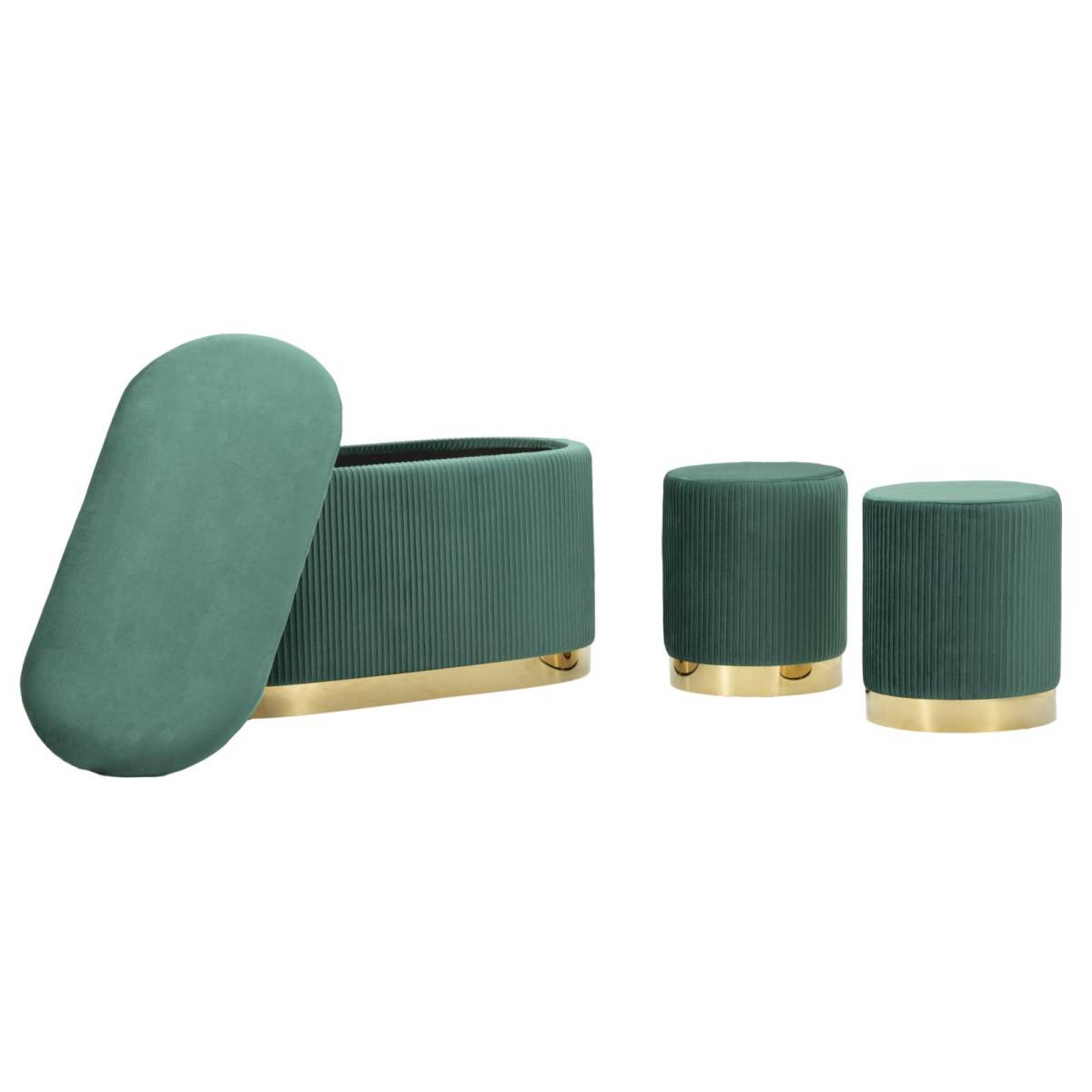 Paris Prix - Banc Coffre & 2 Poufs "Shopy" 80cm Vert & Or - Image 2