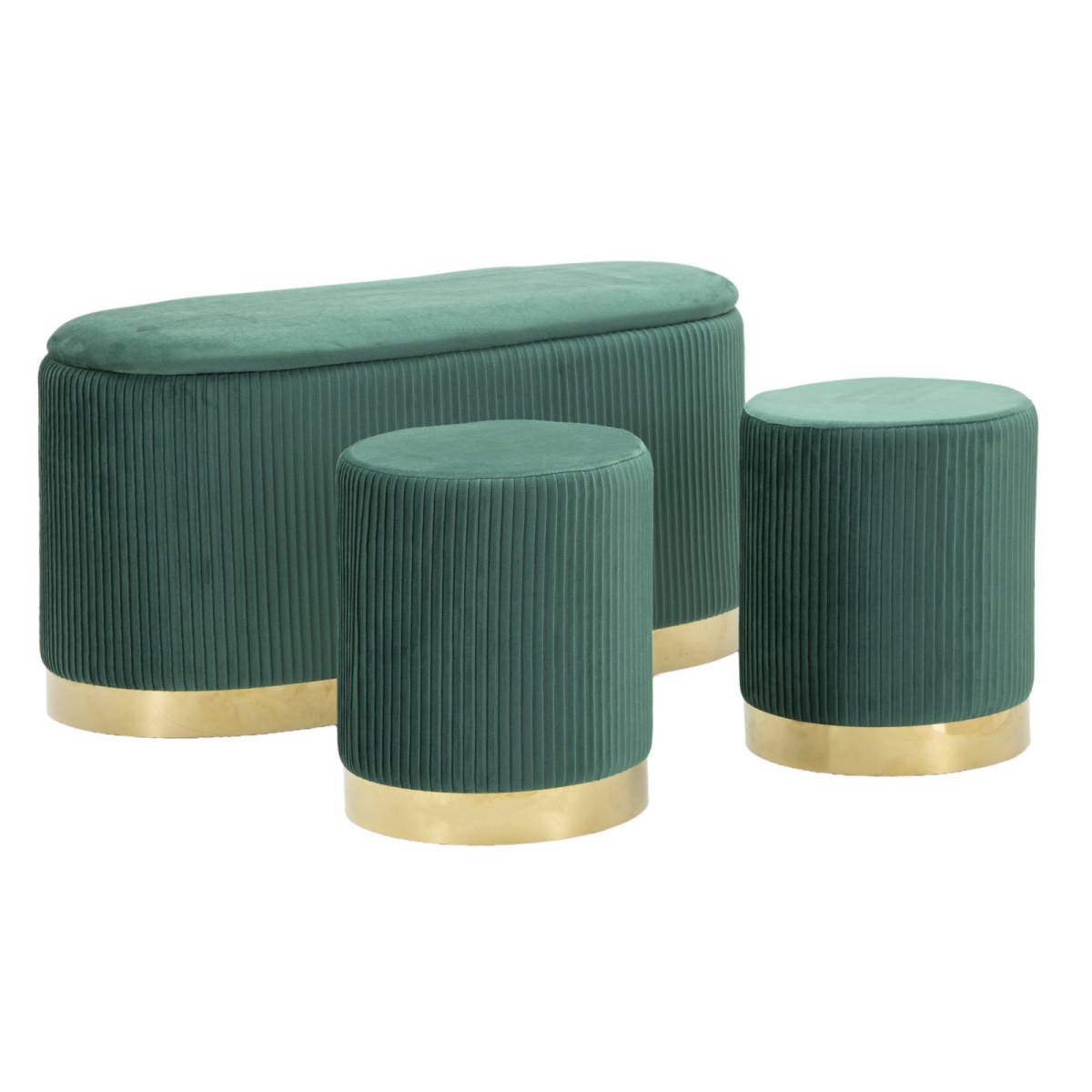 Paris Prix - Banc Coffre & 2 Poufs "Shopy" 80cm Vert & Or - Image 1